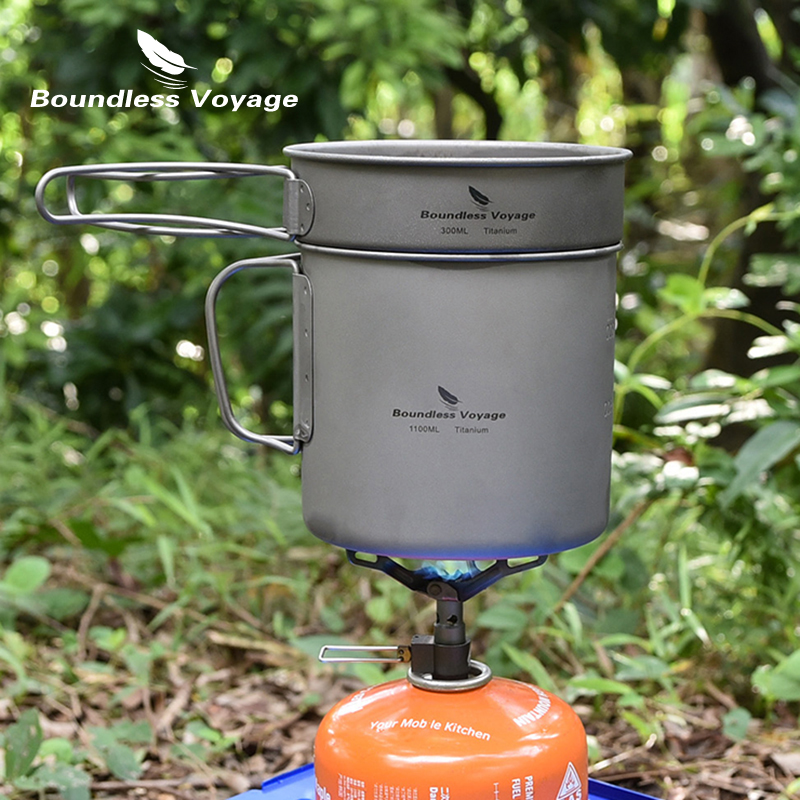 Titanium Cooking Pot Pan Mess Kit - Titanium Camping Cooking Set with Folding